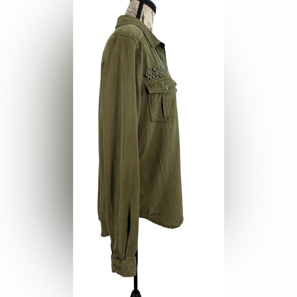 PAIGE Olive Green Studded Utility Button Down Shirt TENCEL Lyocell Size M - Picture 5 of 14